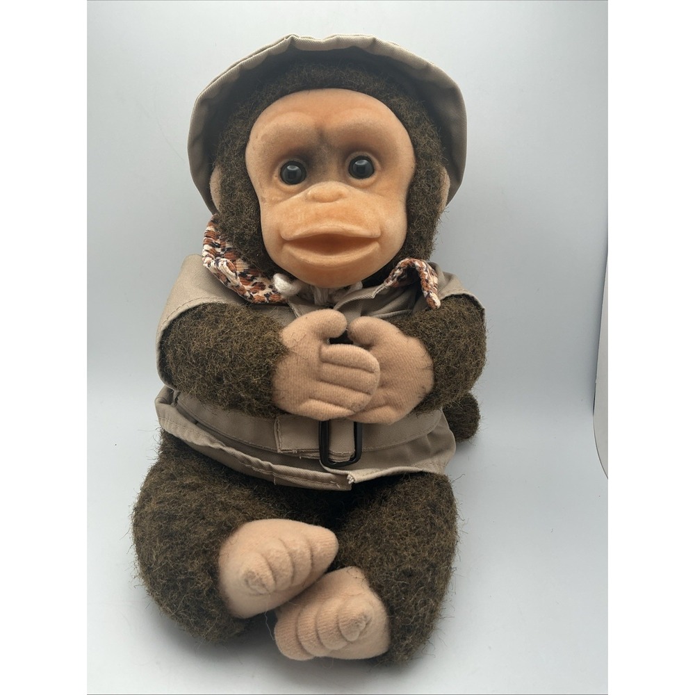 Vintage 1994 Hosung Safari Monkey Chimp Hand Puppet Plush, Khaki Shirt, Squeaker